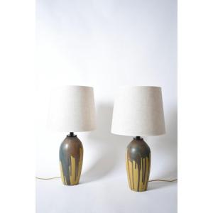 Paire de lampes à coulures d’émail ocre et brun, années 1930.