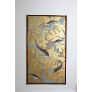 Impression sur toile représentant des poissons et un décor végétal, années 1970.