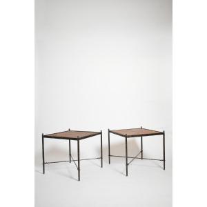 Paire de tables d’appoint en fer forgé et osier, années 1970.