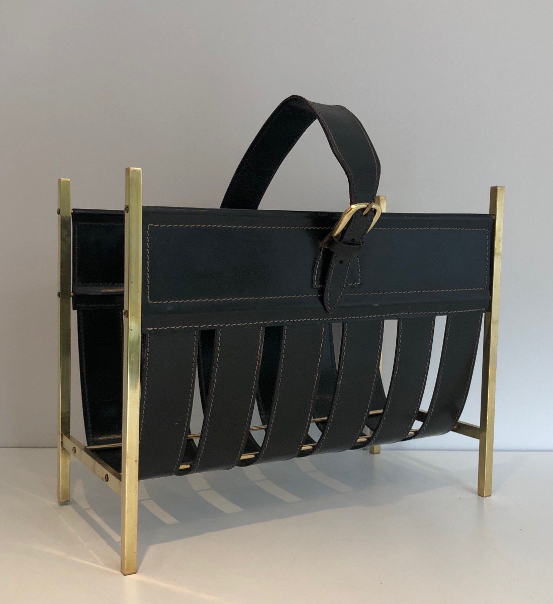 Hand-bag Brass And Leather Magazine Rack By Jacques Adnet. Circa 1940-photo-6