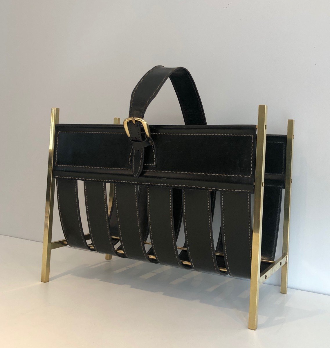 Hand-bag Brass And Leather Magazine Rack By Jacques Adnet. Circa 1940