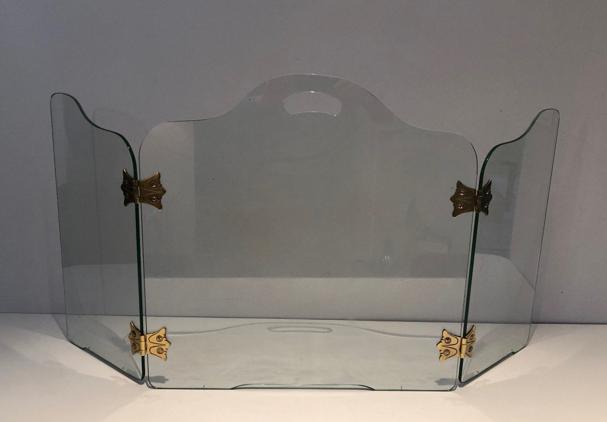 Glass Fireplace Screen With Bronze Hinges. French Work. Circa 1970