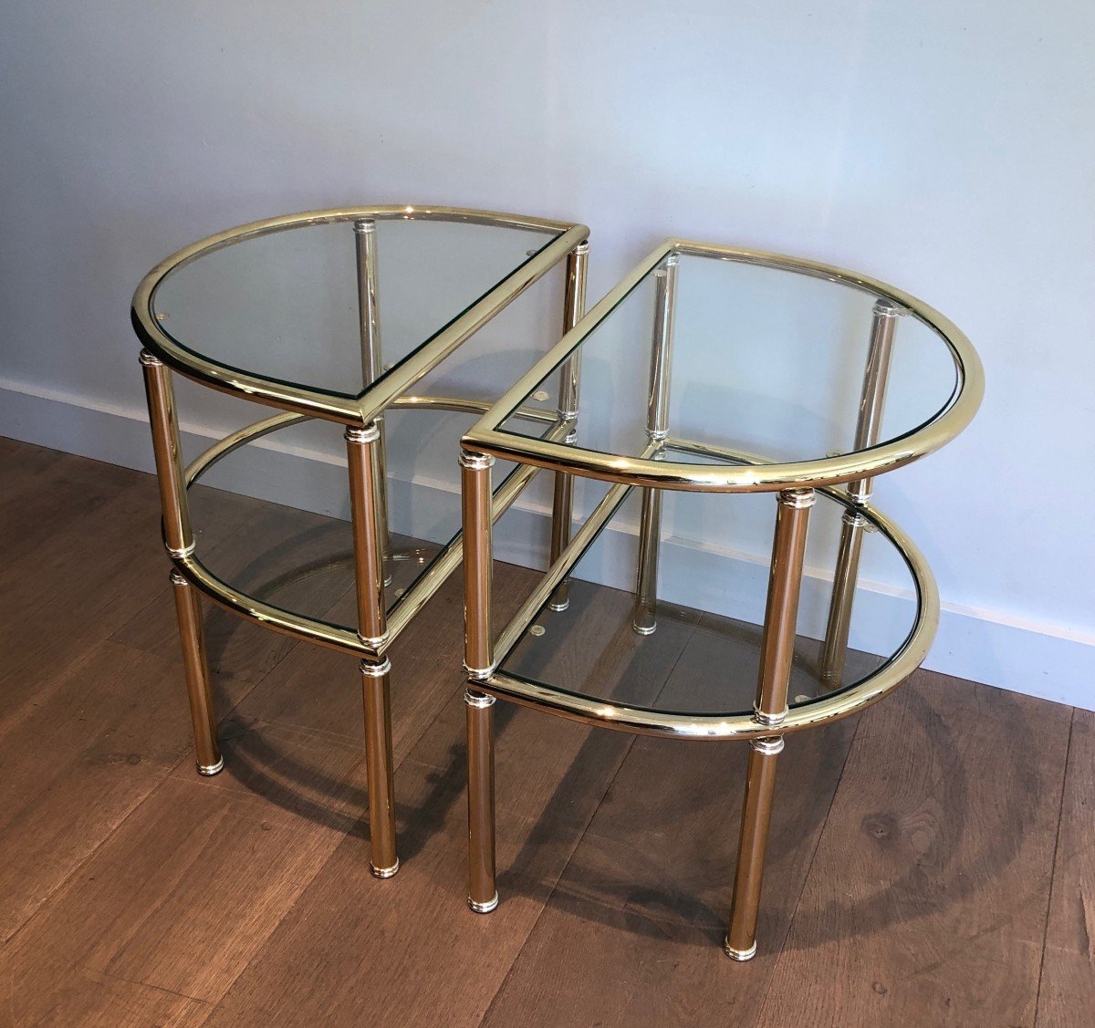 Paire De Bouts De Canapé Arrondis En Laiton Et Chrome. Travail Français. Vers 1970-photo-4