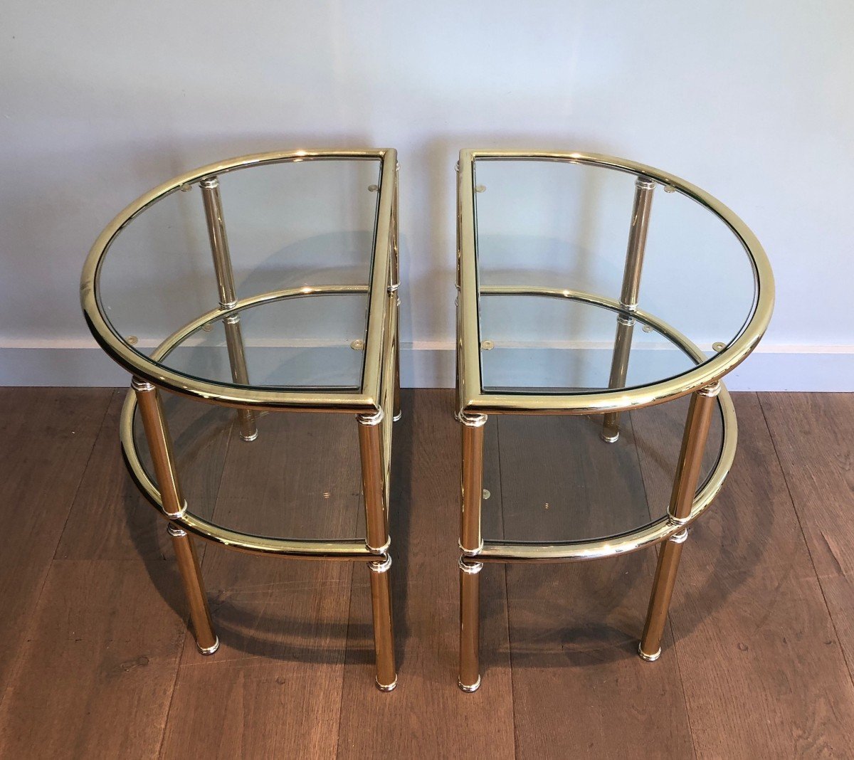 Paire De Bouts De Canapé Arrondis En Laiton Et Chrome. Travail Français. Vers 1970-photo-1
