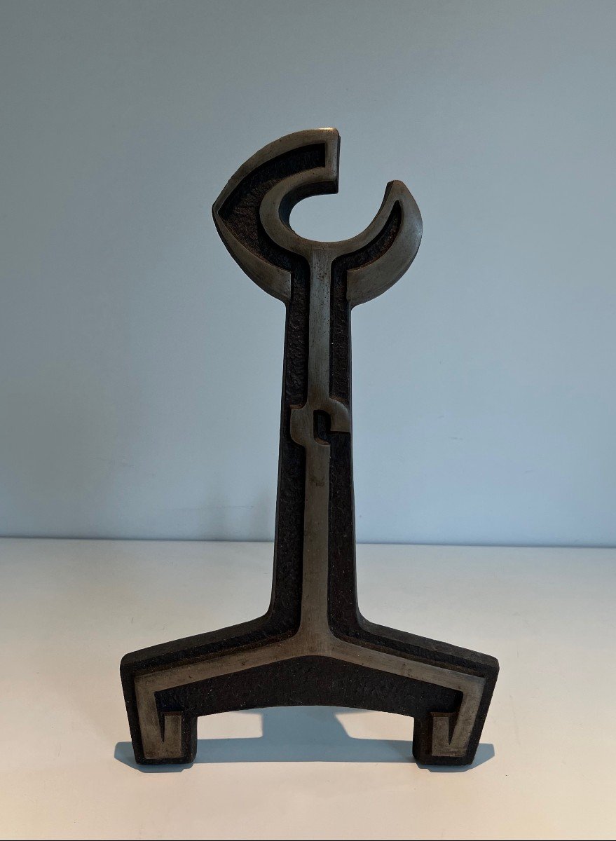 Pair Of Modernist Cast Iron And Wrought Iron Andirons-photo-3