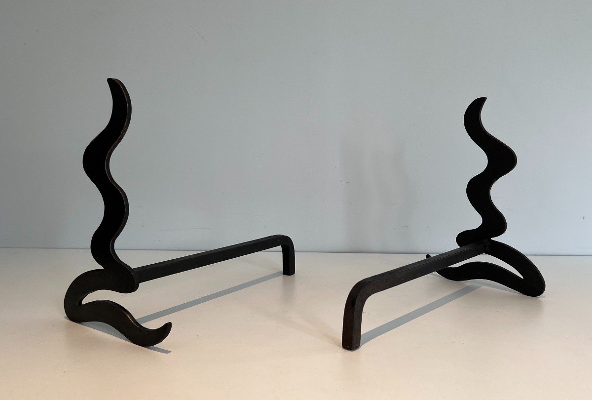 Paire De Chenets Design En Acier Et Fer Forgé-photo-1