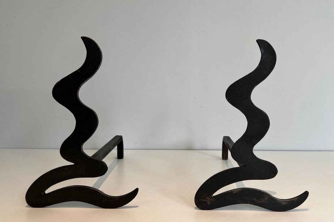 Paire De Chenets Design En Acier Et Fer Forgé