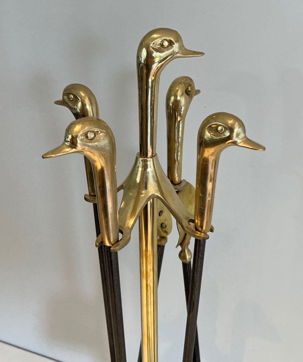 Proantic Brass And Lacquered Metal Ducks Fireplace Tools On Stand