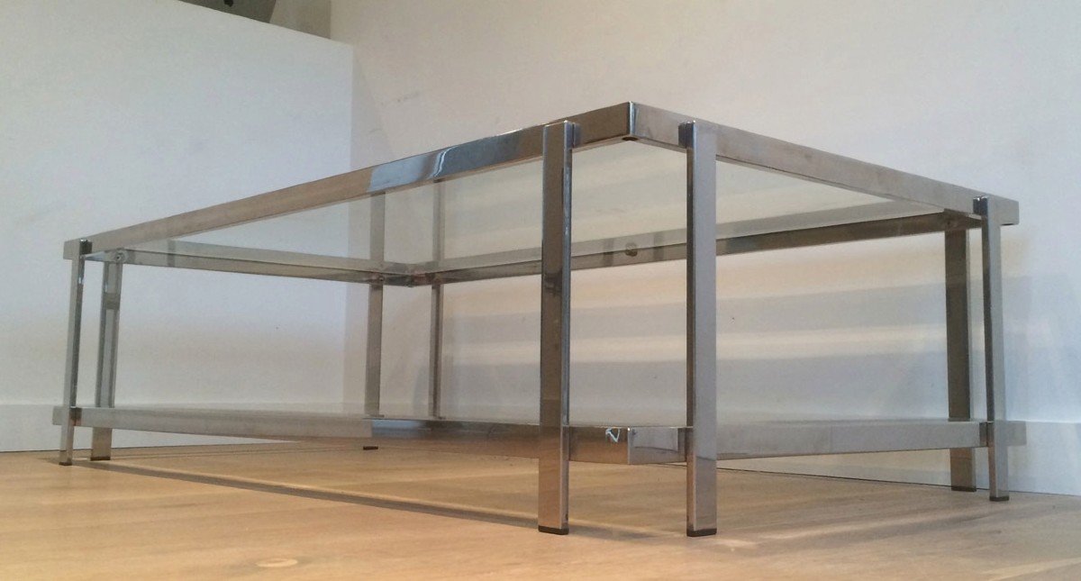 Chromed Coffee Table With Two Glass Shelves. French Work. Vintage. Circa 1970-photo-4
