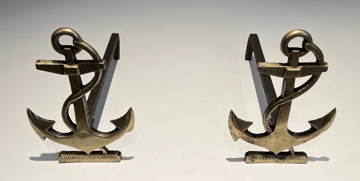 Pair Of Boat Anchor Brass Andirons. This Pair Of Firedogs Are A French Work. Circa 1970-photo-4