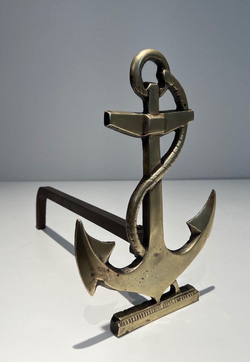 Pair Of Boat Anchor Brass Andirons. This Pair Of Firedogs Are A French Work. Circa 1970-photo-1