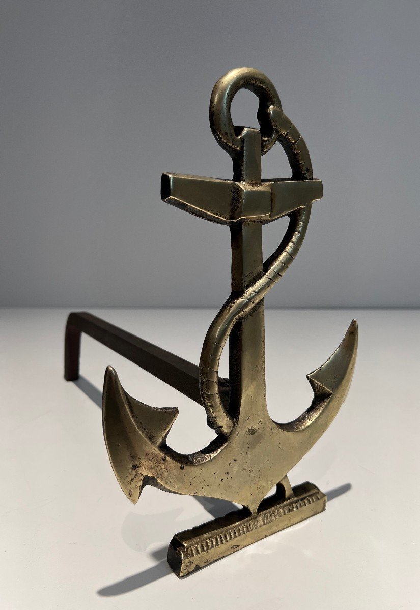 Pair Of Boat Anchor Brass Andirons. This Pair Of Firedogs Are A French Work. Circa 1970-photo-2