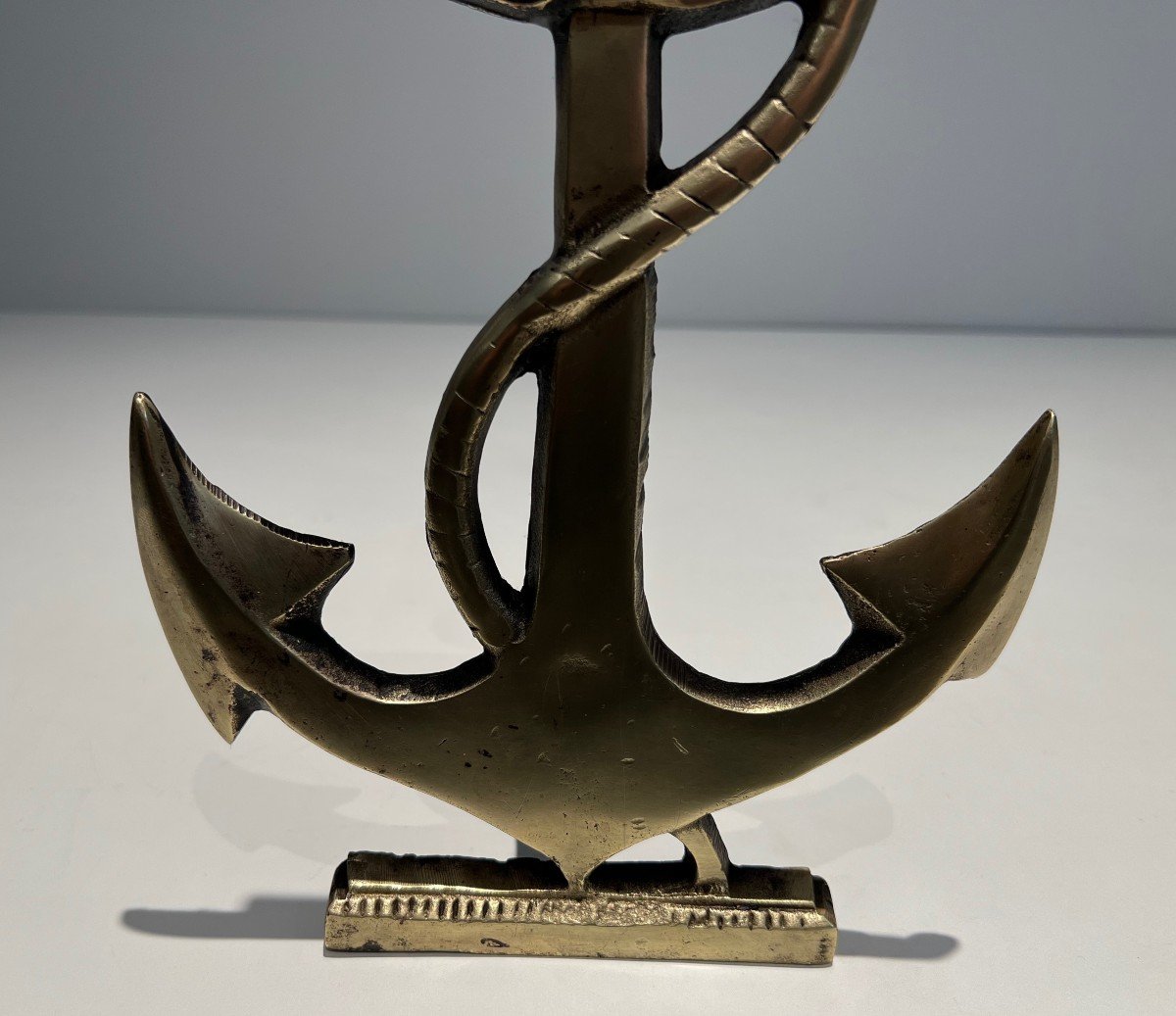 Pair Of Boat Anchor Brass Andirons. This Pair Of Firedogs Are A French Work. Circa 1970-photo-4