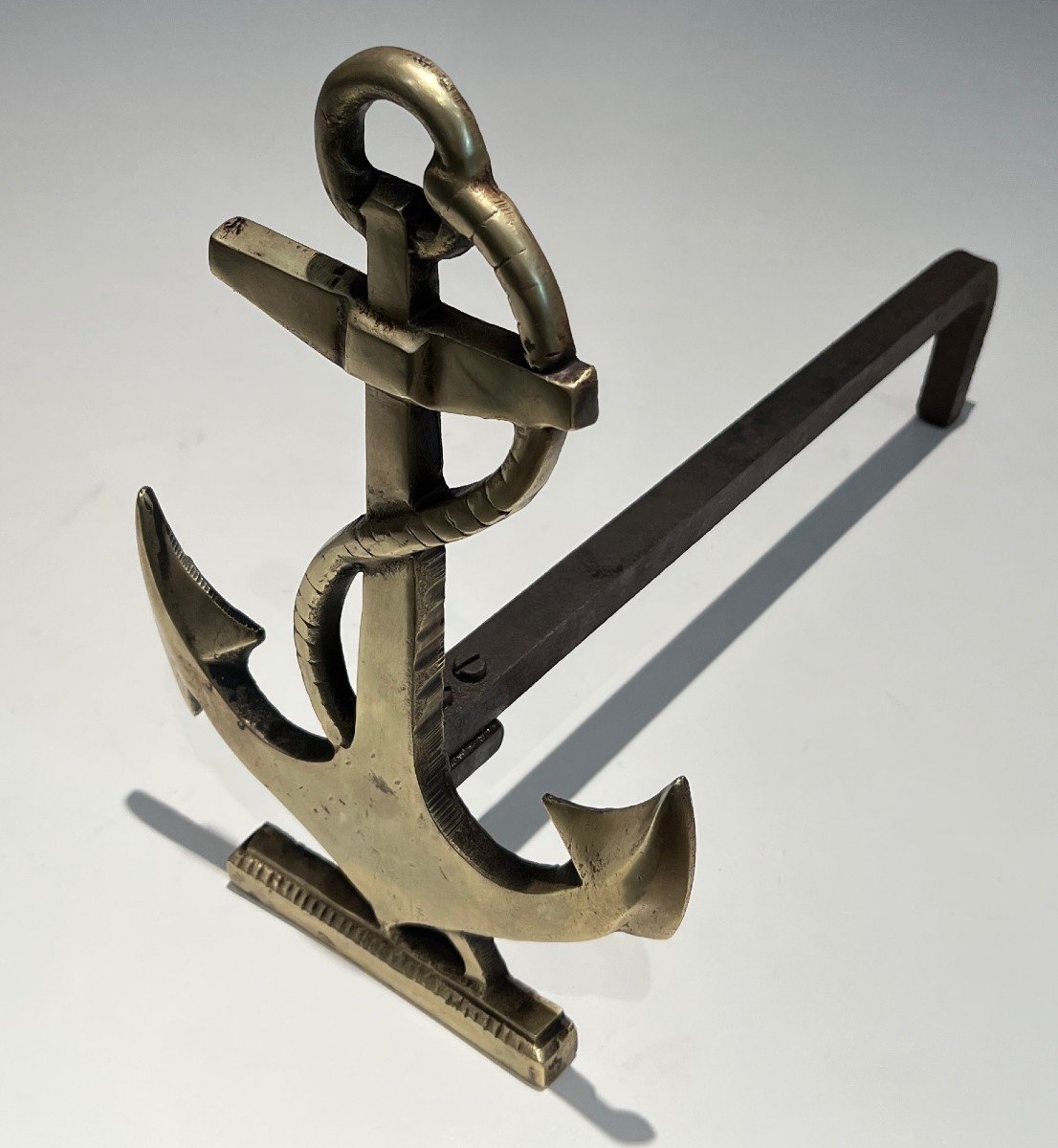 Pair Of Boat Anchor Brass Andirons. This Pair Of Firedogs Are A French Work. Circa 1970-photo-5