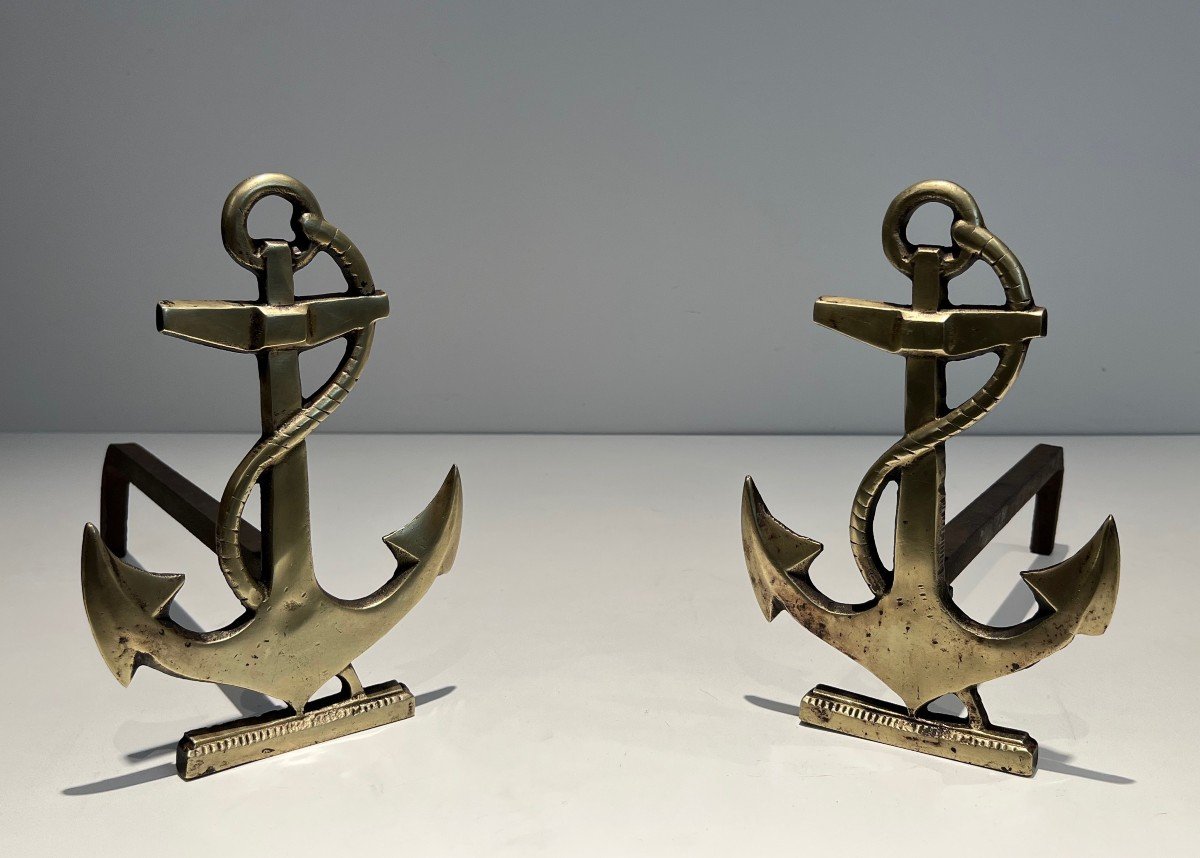 Pair Of Boat Anchor Brass Andirons. This Pair Of Firedogs Are A French Work. Circa 1970-photo-7