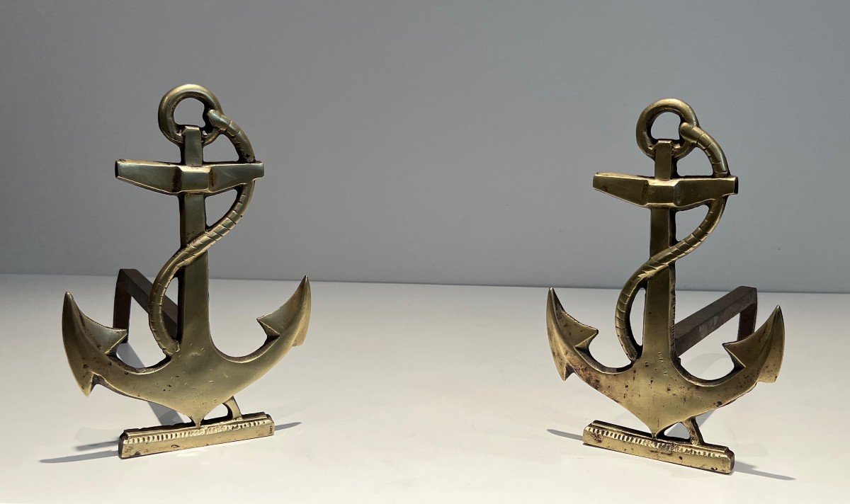 Pair Of Boat Anchor Brass Andirons. This Pair Of Firedogs Are A French Work. Circa 1970