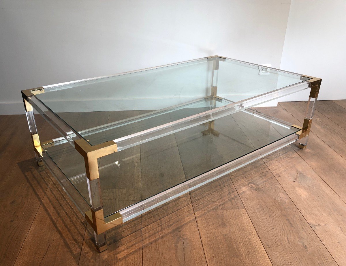 Lucite And Gilt Chrome Vintage Coffee Table. French Work In The Style Of Maison Jansen. Circa 1970-photo-3