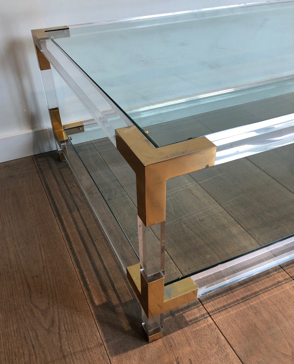 Lucite And Gilt Chrome Vintage Coffee Table. French Work In The Style Of Maison Jansen. Circa 1970-photo-2