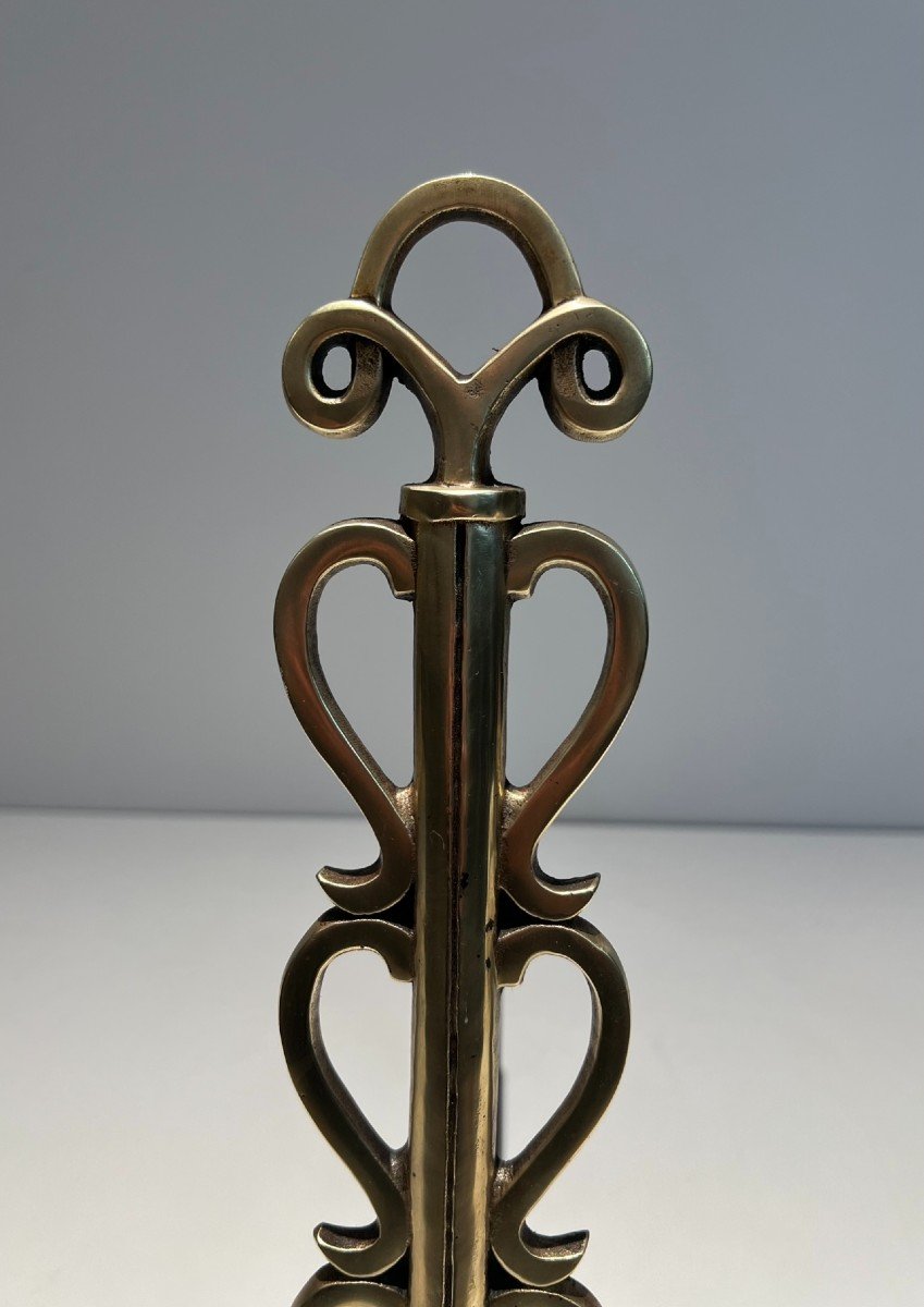 Pair Of Brass And Wrought Iron Andirons. French Work In The Style Of Raymond Subes 1940.-photo-4