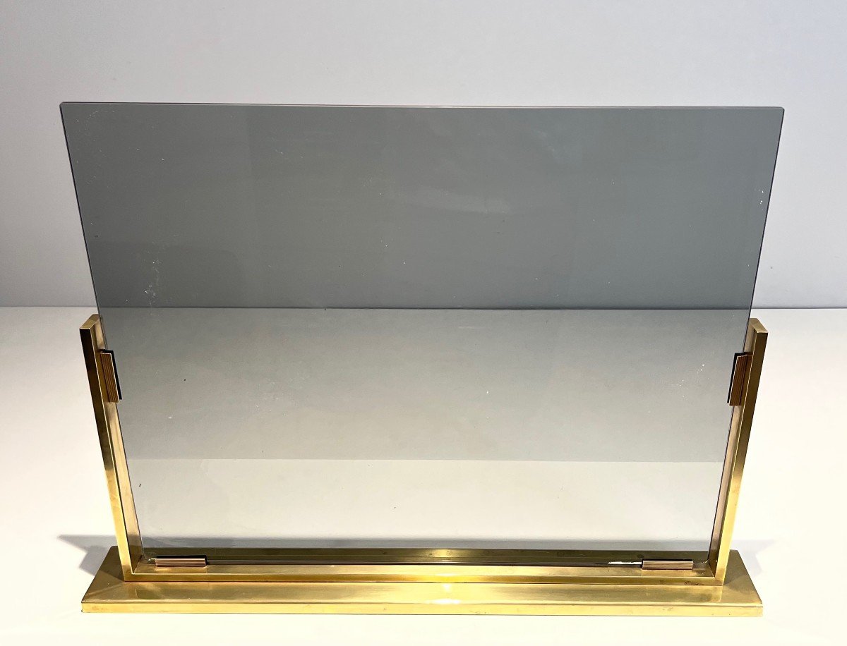 Smoked Glass And Brass Fireplace Screen With Brass Feet. French Work. Circa 1970-photo-3