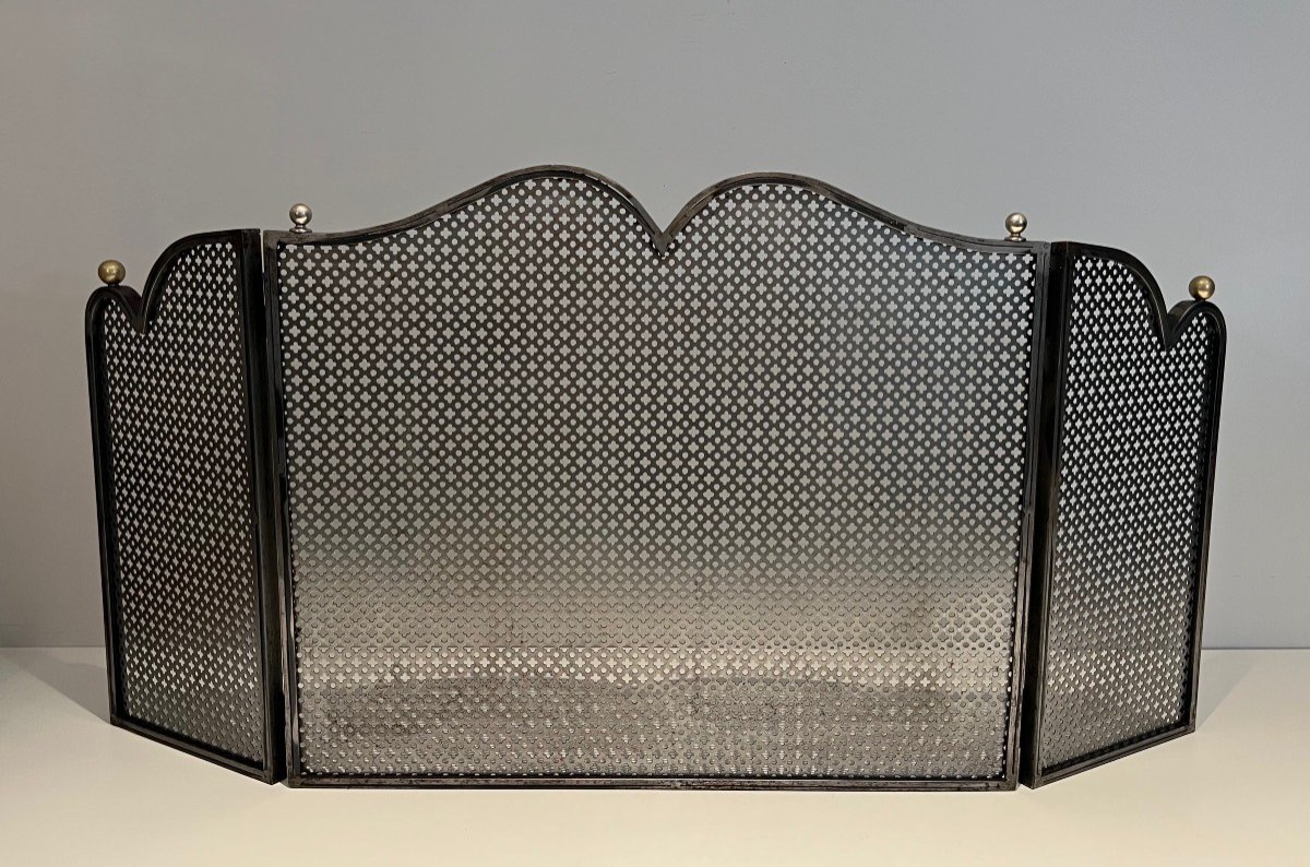 Modernist Steel 3 Panels Fireplace Screen With Steel Grilling And Brass Bowls French Work 1970-photo-2