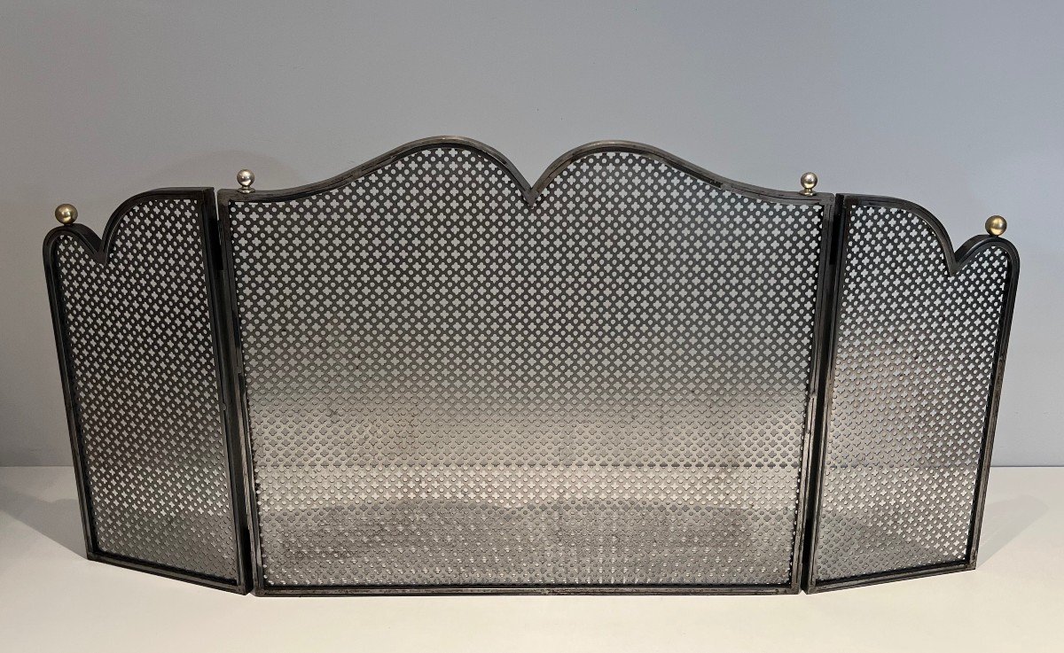 Modernist Steel 3 Panels Fireplace Screen With Steel Grilling And Brass Bowls French Work 1970-photo-3