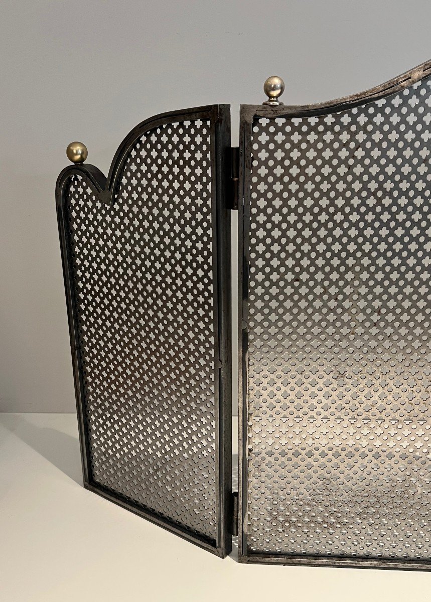 Modernist Steel 3 Panels Fireplace Screen With Steel Grilling And Brass Bowls French Work 1970-photo-1