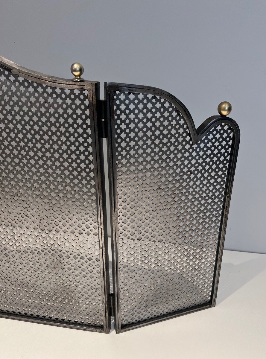Modernist Steel 3 Panels Fireplace Screen With Steel Grilling And Brass Bowls French Work 1970-photo-4