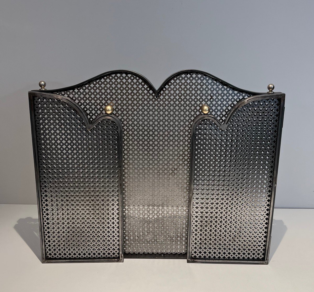 Modernist Steel 3 Panels Fireplace Screen With Steel Grilling And Brass Bowls French Work 1970-photo-8