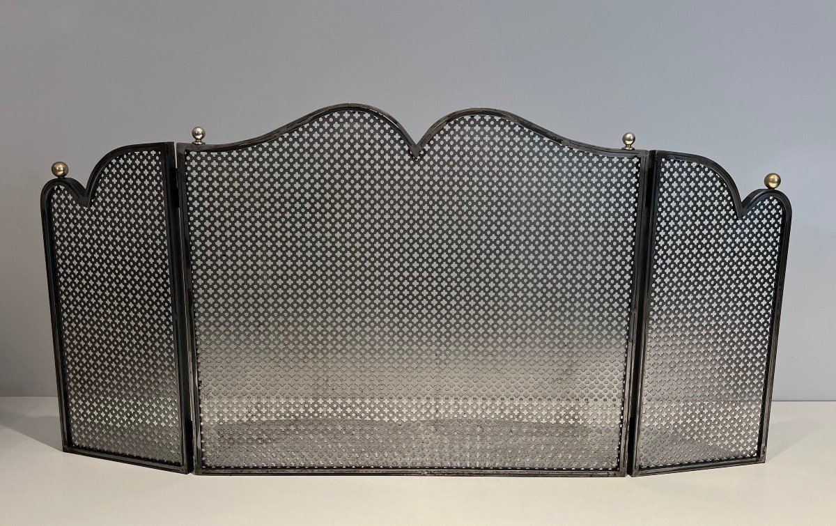 Modernist Steel 3 Panels Fireplace Screen With Steel Grilling And Brass Bowls French Work 1970