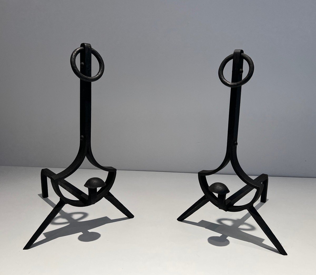 Pair Of Modernist Andirons In Cast Iron And Wrought Iron. French Work. Circa 1970-photo-3