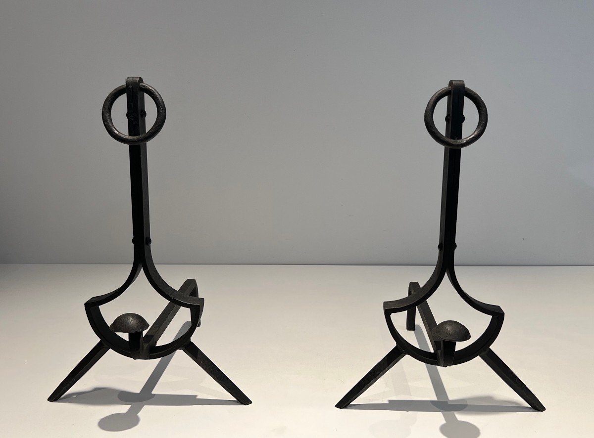 Pair Of Modernist Andirons In Cast Iron And Wrought Iron. French Work. Circa 1970