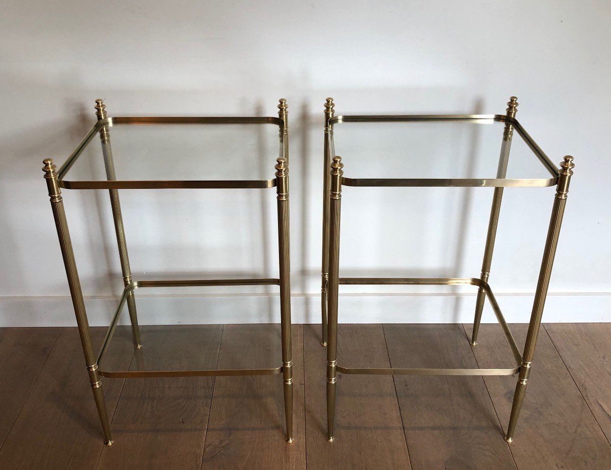 Pair Of Neoclassical Style Brass Side Tables With Fluted Legs And Rounded Corners-photo-3