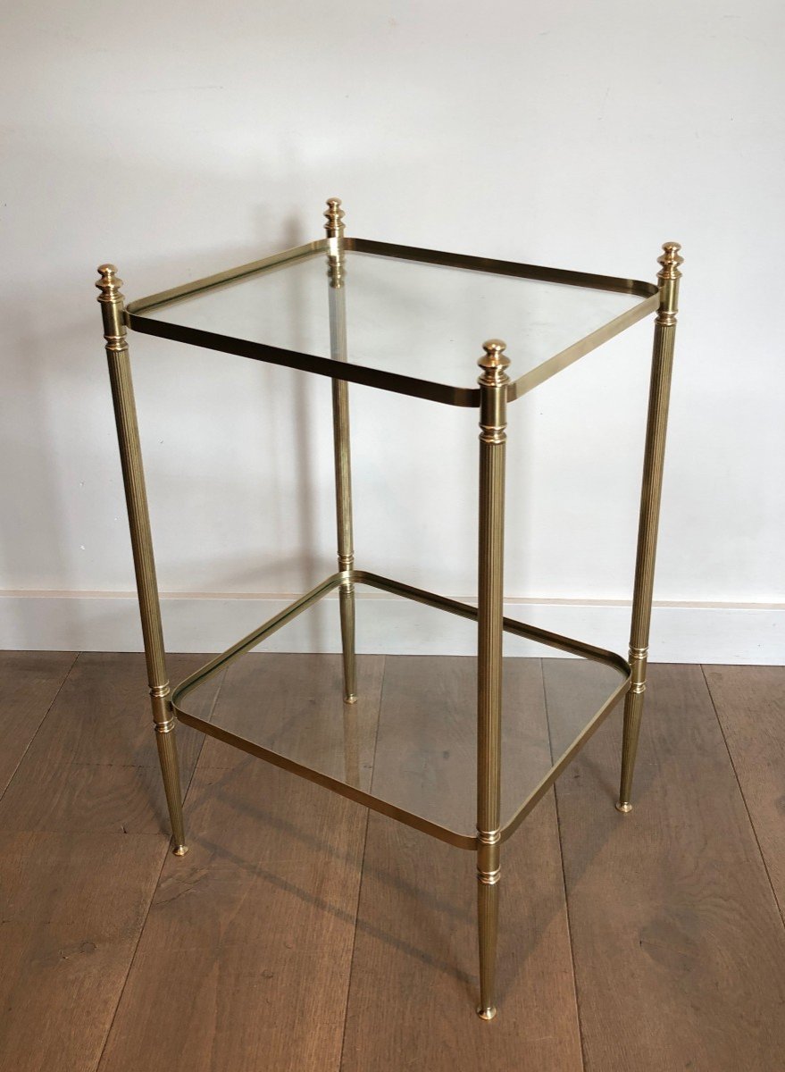 Pair Of Neoclassical Style Brass Side Tables With Fluted Legs And Rounded Corners-photo-2