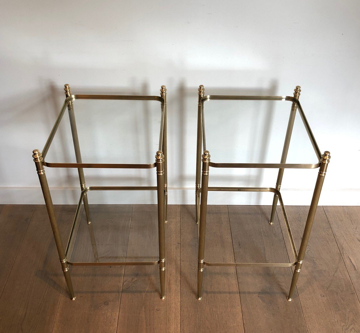Pair Of Neoclassical Style Brass Side Tables With Fluted Legs And Rounded Corners-photo-7