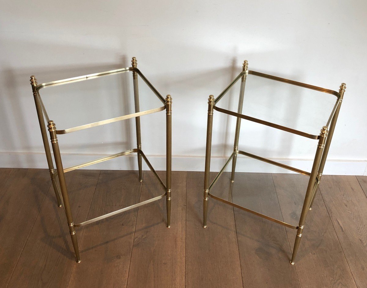 Pair Of Neoclassical Style Brass Side Tables With Fluted Legs And Rounded Corners