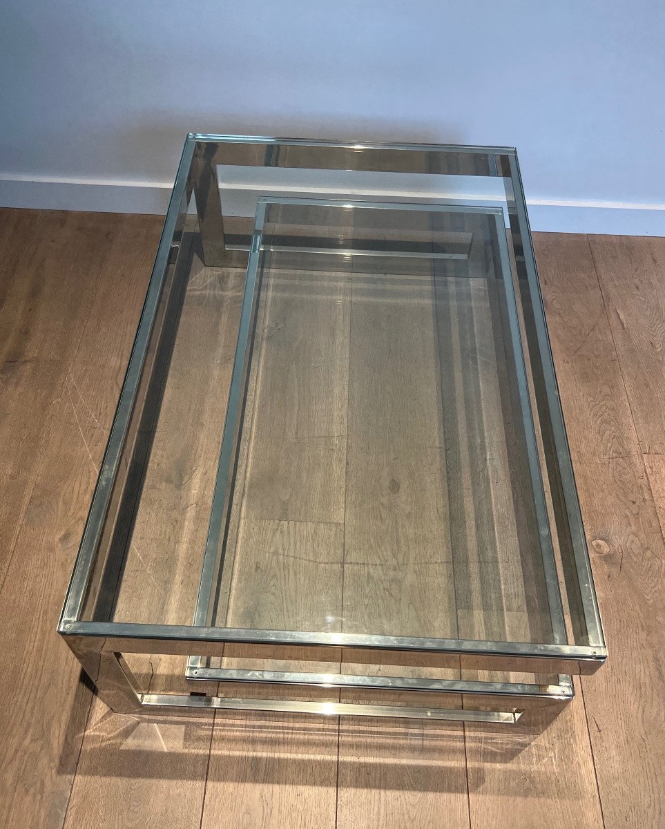 Design Chrome Coffee Table With 2 Thick Glass Shelves. French Work. Circa 1970-photo-3