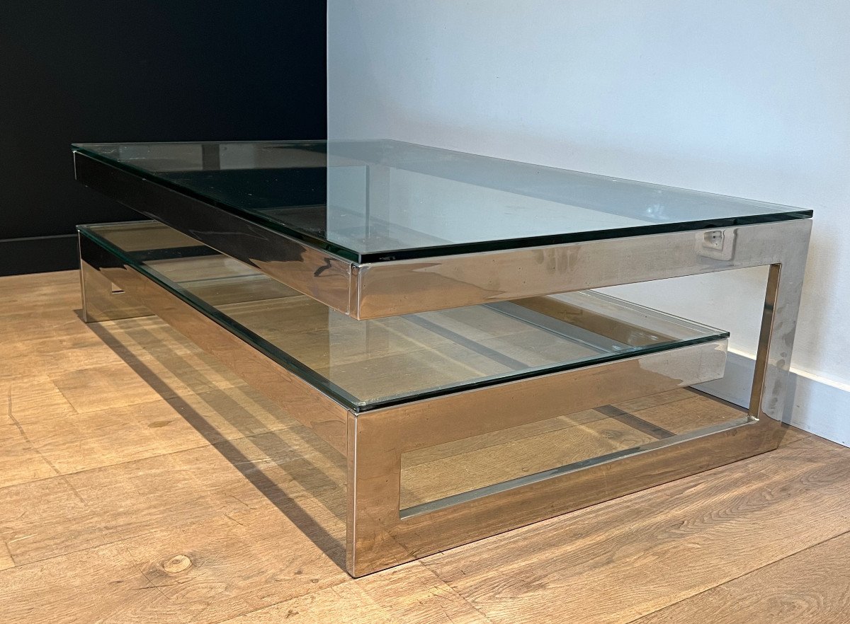 Design Chrome Coffee Table With 2 Thick Glass Shelves. French Work. Circa 1970-photo-1