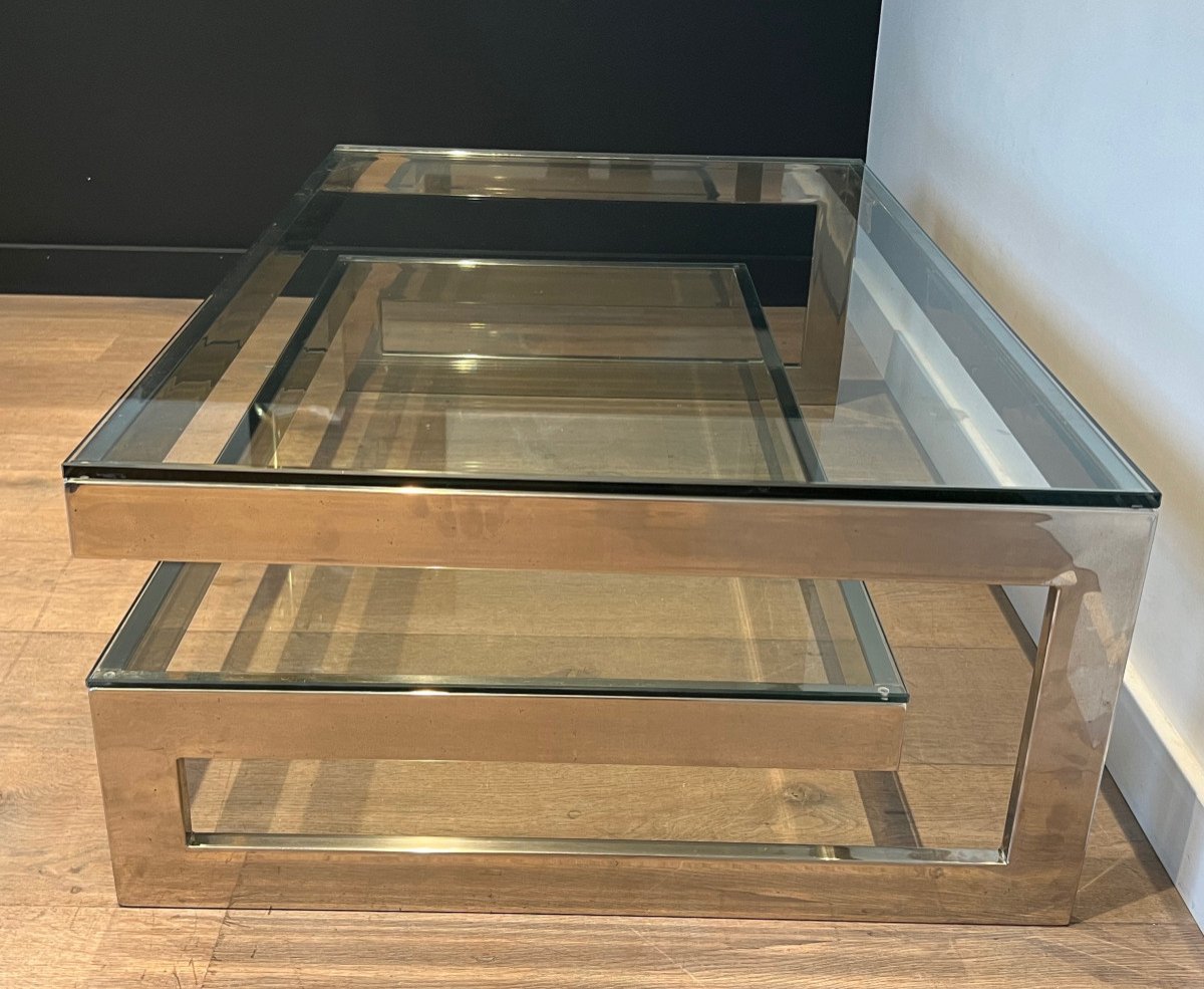 Design Chrome Coffee Table With 2 Thick Glass Shelves. French Work. Circa 1970-photo-2