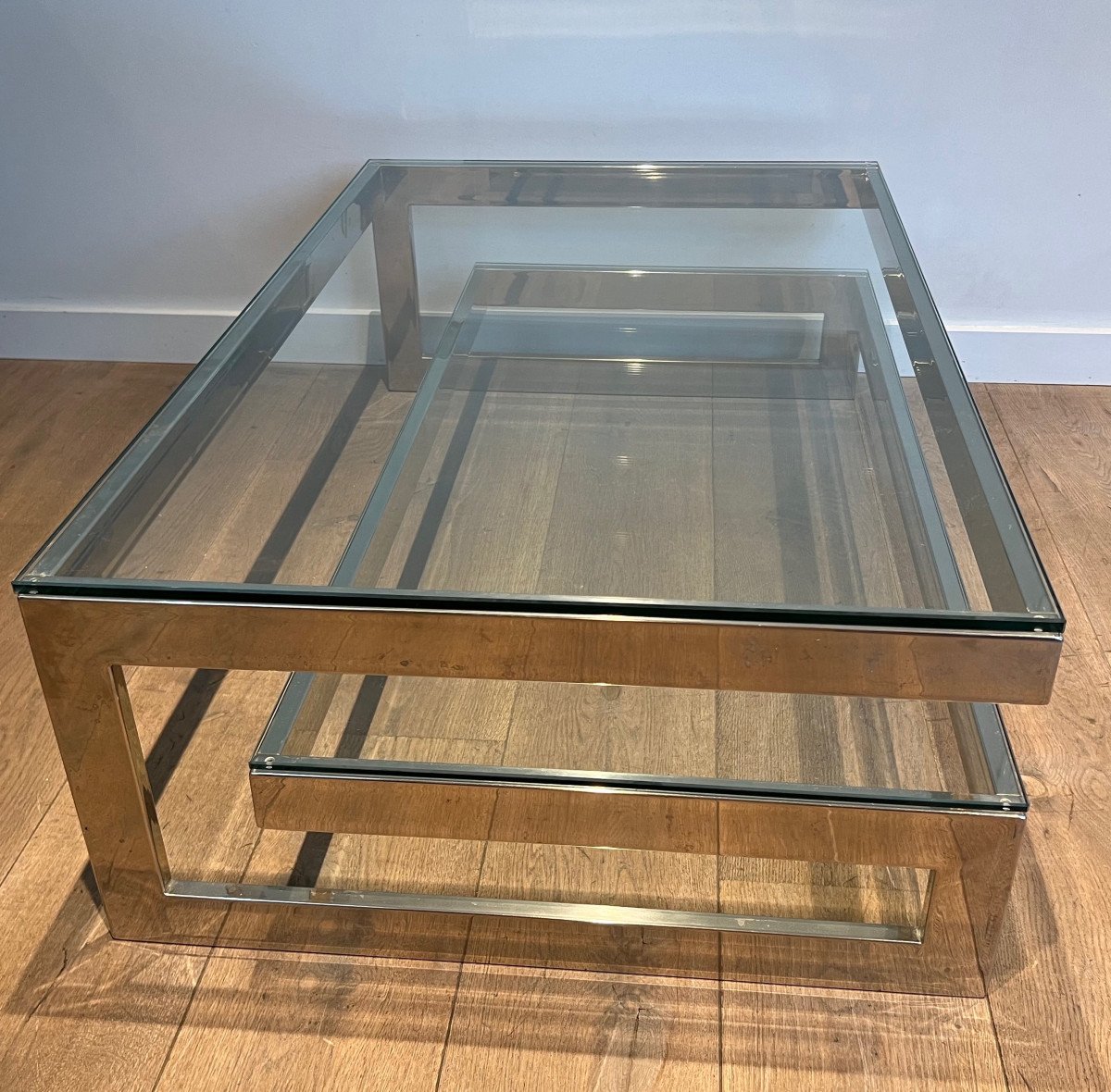 Design Chrome Coffee Table With 2 Thick Glass Shelves. French Work. Circa 1970-photo-5