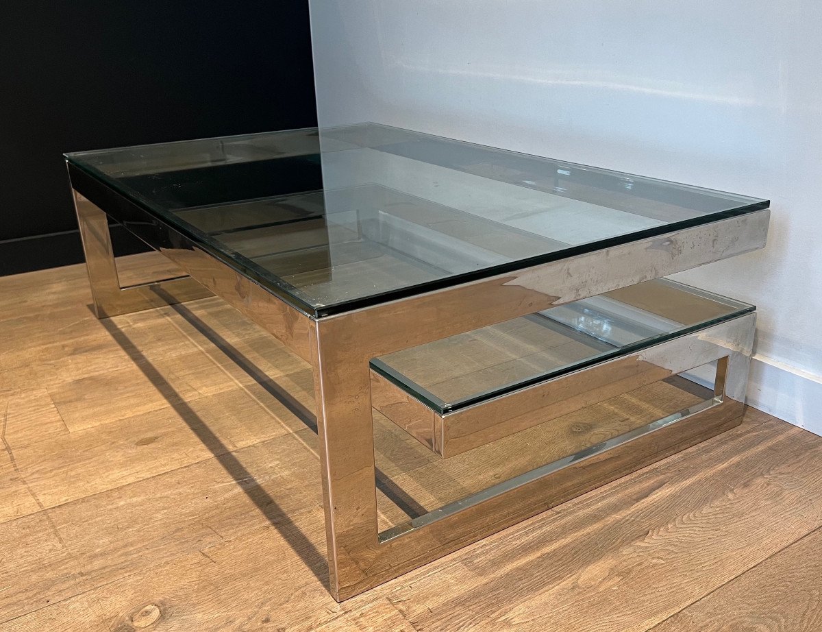 Design Chrome Coffee Table With 2 Thick Glass Shelves. French Work. Circa 1970-photo-6