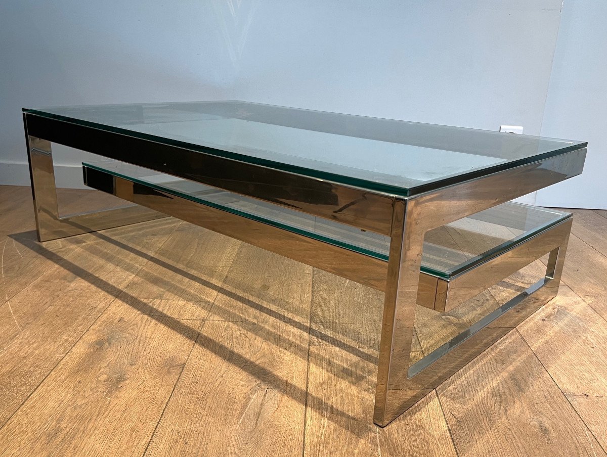 Design Chrome Coffee Table With 2 Thick Glass Shelves. French Work. Circa 1970-photo-7
