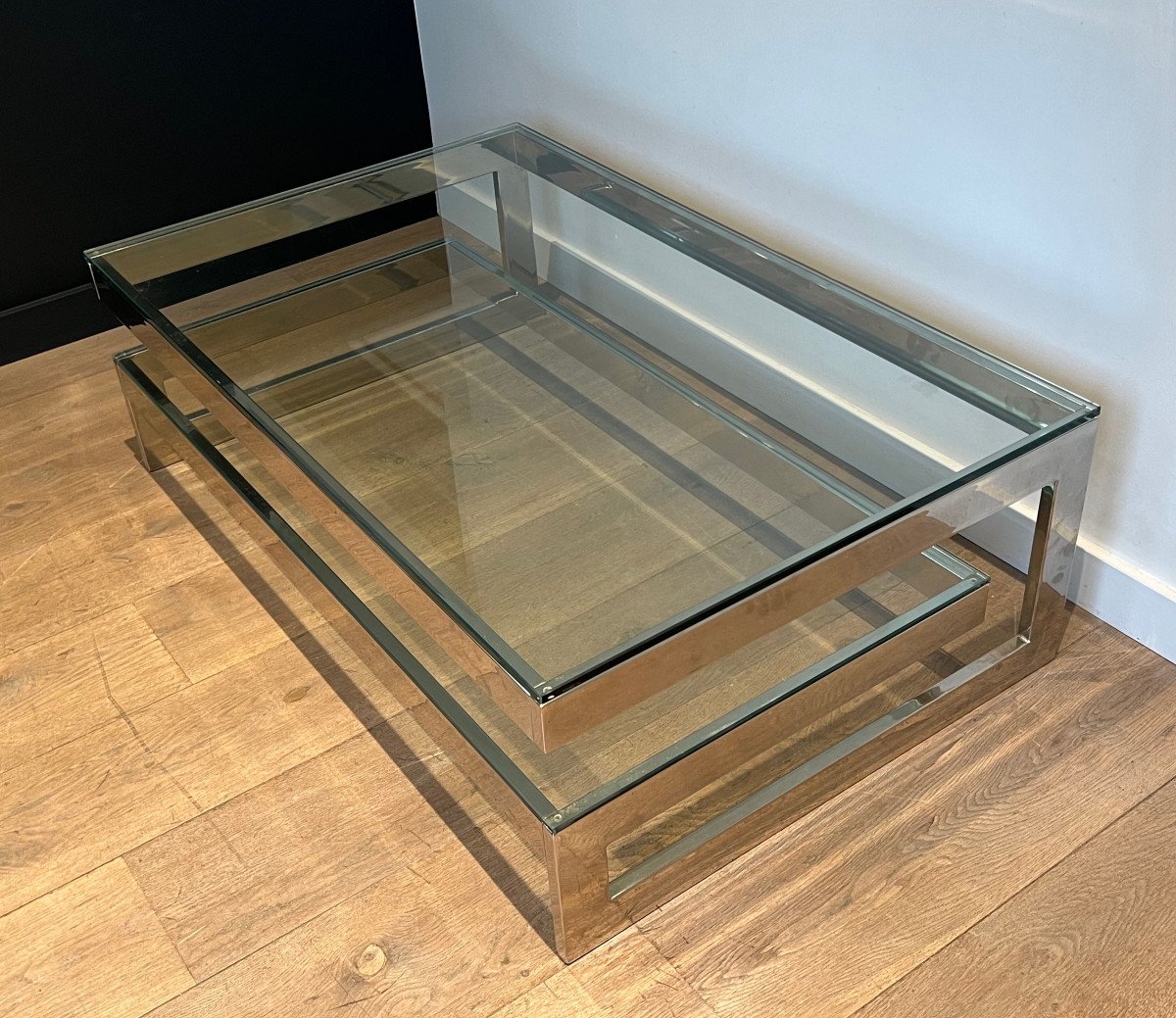 Design Chrome Coffee Table With 2 Thick Glass Shelves. French Work. Circa 1970-photo-8