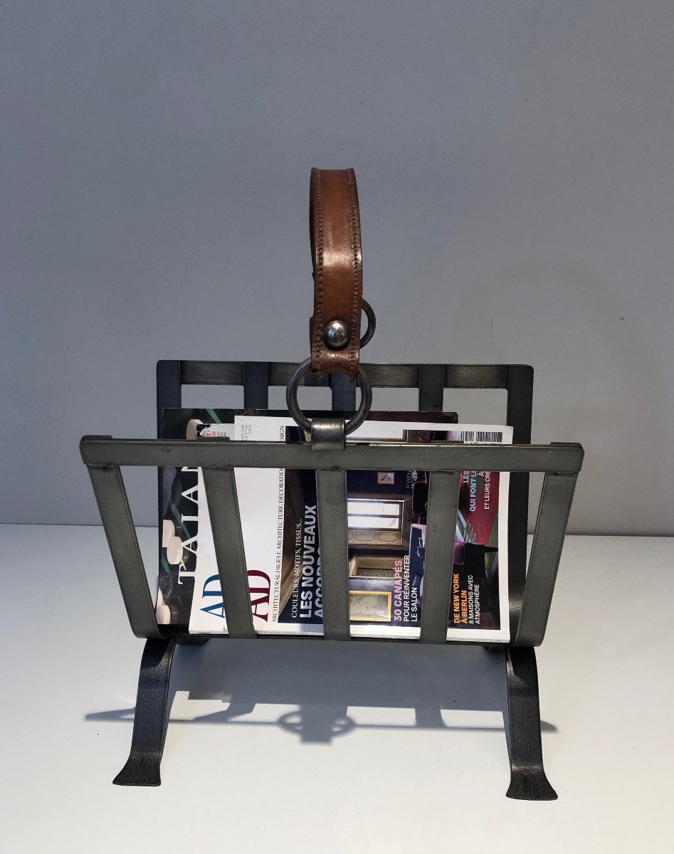 Steel And Leather Magazine Rack. French Work In The Style Of Jacques Adnet. Circa 1950-photo-3