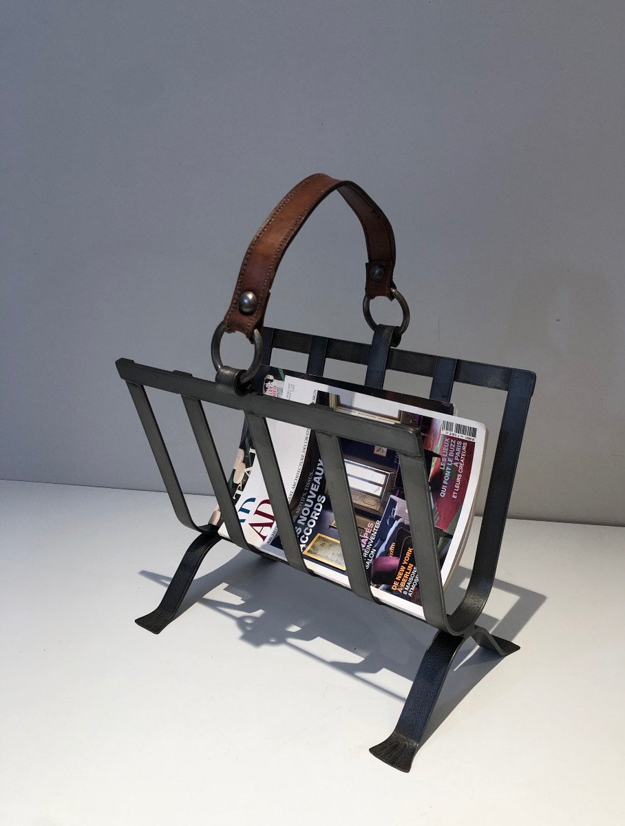 Steel And Leather Magazine Rack. French Work In The Style Of Jacques Adnet. Circa 1950-photo-4