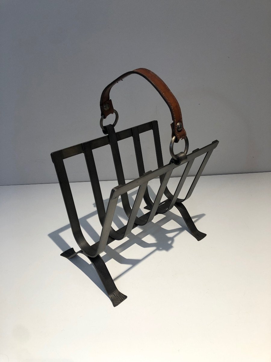 Steel And Leather Magazine Rack. French Work In The Style Of Jacques Adnet. Circa 1950-photo-7
