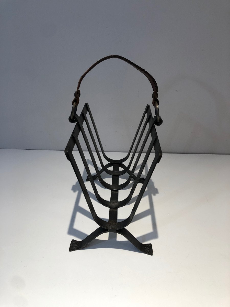 Steel And Leather Magazine Rack. French Work In The Style Of Jacques Adnet. Circa 1950-photo-8