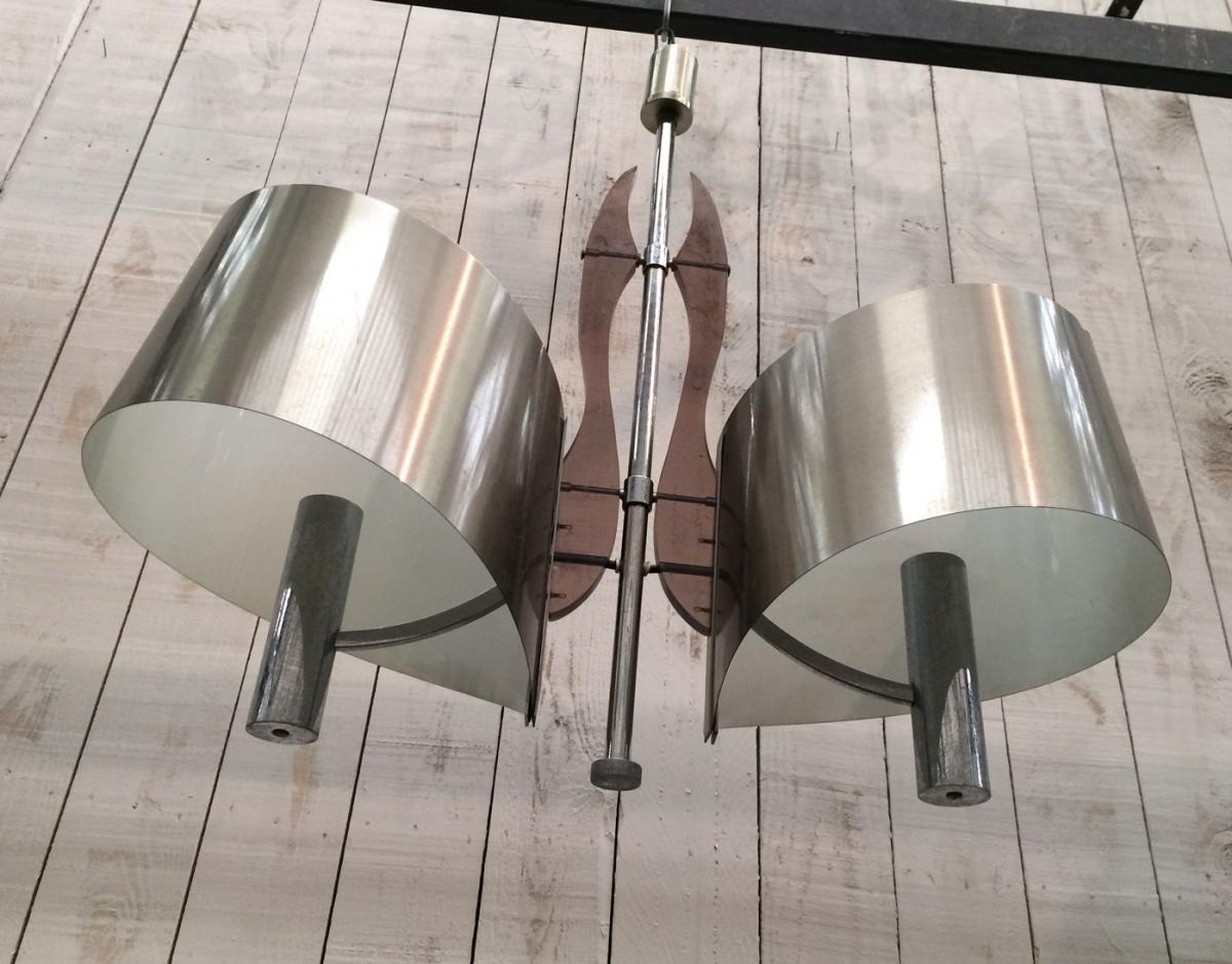 Charles House. Chandelier Brushed Metal And Chrome. Around 1970-photo-2