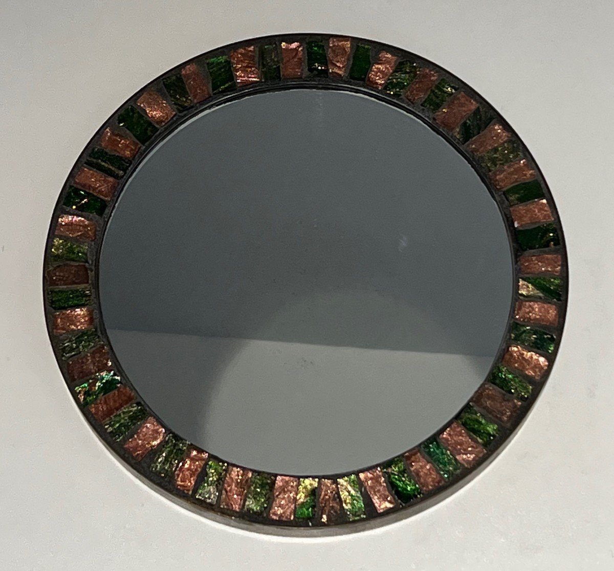 Round Glazed Ceramic Mirror Surrounded By A Brass Band. French Work. Circa 1950-photo-2