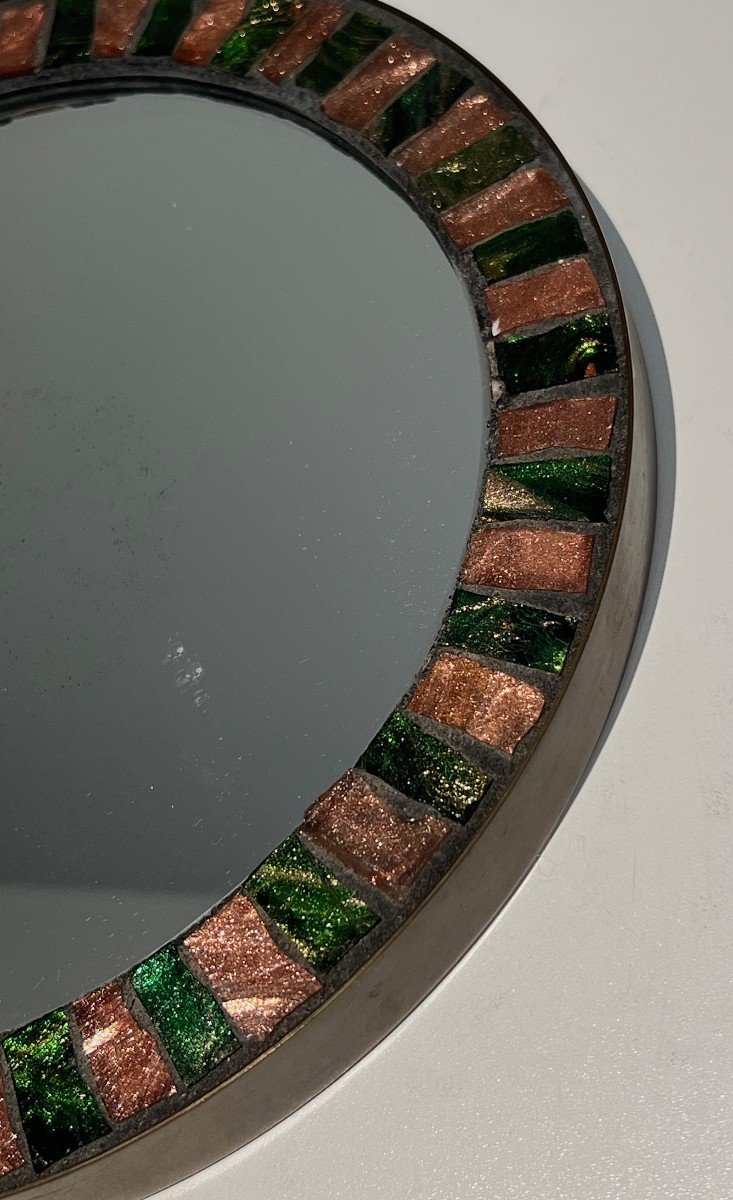 Round Glazed Ceramic Mirror Surrounded By A Brass Band. French Work. Circa 1950-photo-2